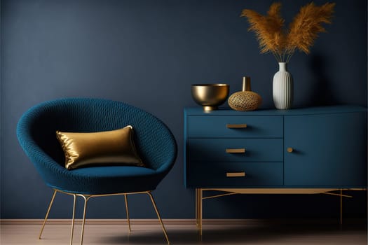 Commode with chair and decor in living room interior, dark blue wall mock up background, 3D render.
