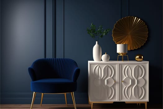 Commode with chair and decor in living room interior, dark blue wall mock up background, 3D render.