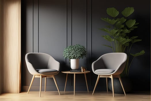 Pastel interior in classic style with soft armchairs and lamps.