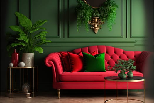 Home interior with red sofa, table and decor in green living room, 3d render.