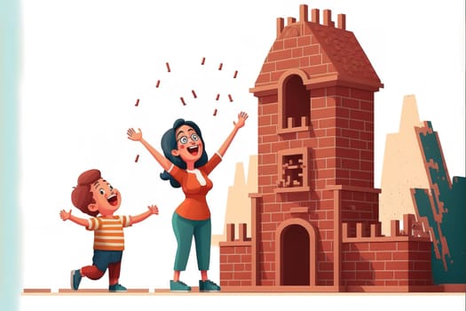 Laughing indian mommy give high five to happy kid son celebrate building of high brick tower. Female babysitter construct from brick set with small boy on floor with heating system.