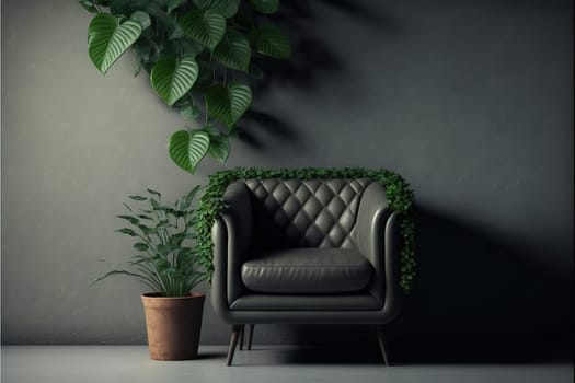 Green plant wall background with leather armchair on empty concrete wall.3d rendering.