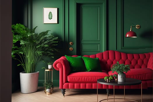 Home interior with red sofa, table and decor in green living room, 3d render.