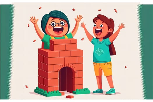 Laughing indian mommy give high five to happy kid son celebrate building of high brick tower. Female babysitter construct from brick set with small boy on floor with heating system.