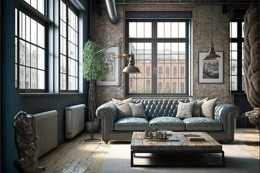 Living room interior in loft, industrial style, 3d render.