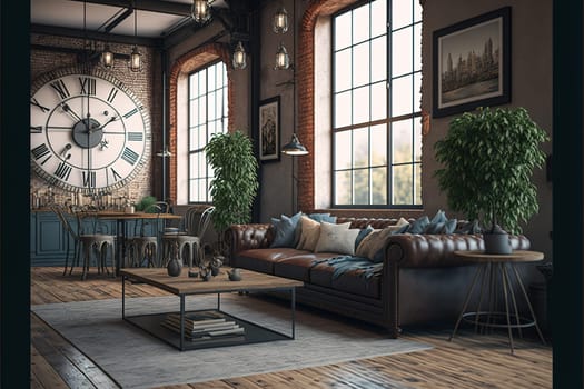 Living room interior in loft, industrial style, 3d render.