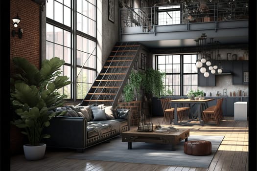 Living room loft in industrial style ,3d render.