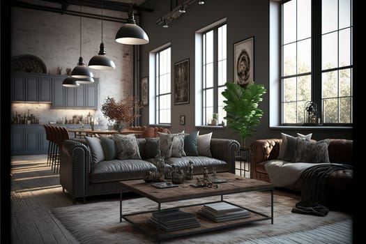Living room interior in loft, industrial style, 3d render.