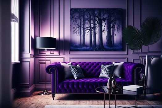 Luxury modern interior of living room ,Ultraviolet home decor concept ,purple sofa.