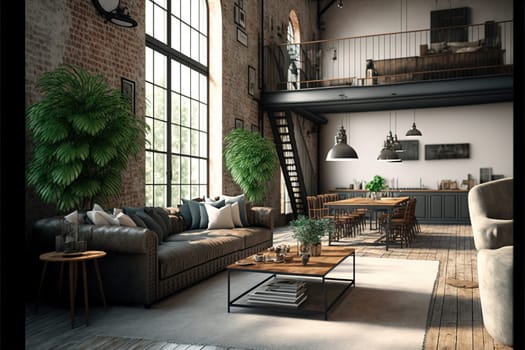 Living room interior in loft, industrial style, 3d render.