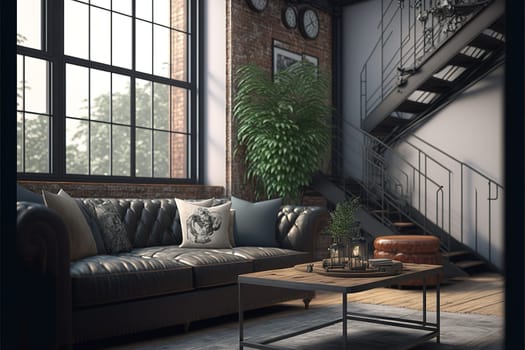 Living room interior in loft, industrial style, 3d render.