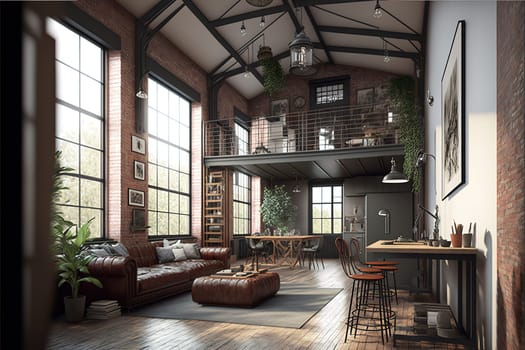 Living room loft in industrial style ,3d render.