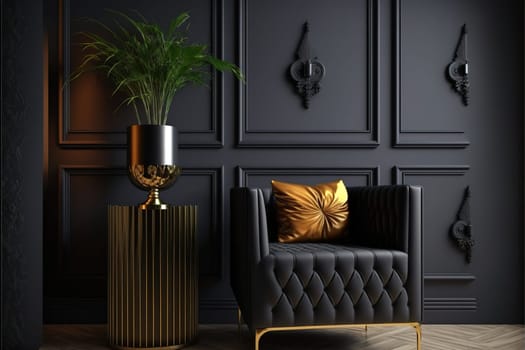 Modern interior design for home, office, interior details, upholstered furniture against the background of a dark classic wall..