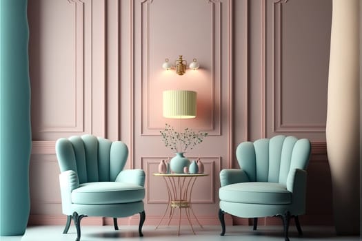 Pastel interior in classic style with soft armchairs and lamps.