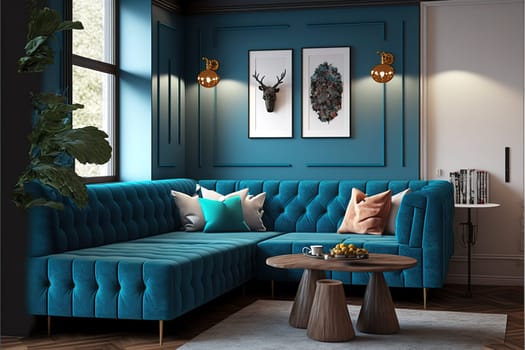 Modern interior of living room with blue corner sofa, coffee tables, floor lamp. Home design. 3d animation rendering.