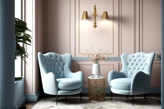 Pastel interior in classic style with soft armchairs and lamps. 3d rendering.