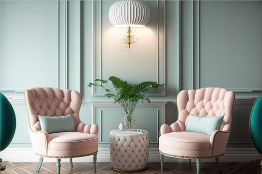 Pastel interior in classic style with soft armchairs and lamps. 3d rendering.