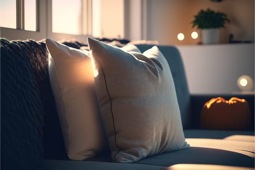 home interior design detail of Modern clean living room with soft and cozy sunlight pillow upholsty.