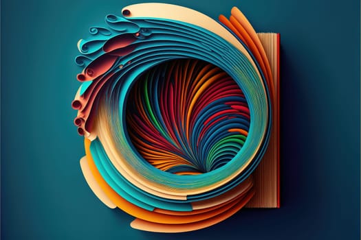 books in colored covers swirl on a blue background, copy space.