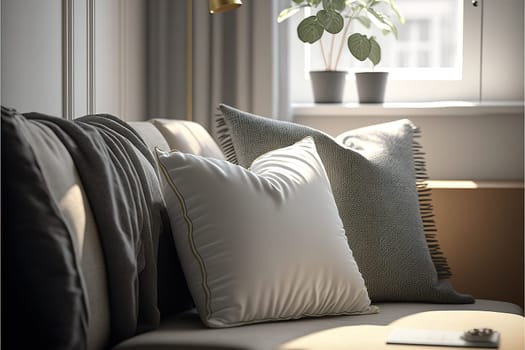 home interior design detail of Modern clean living room with soft and cozy sunlight pillow upholsty.