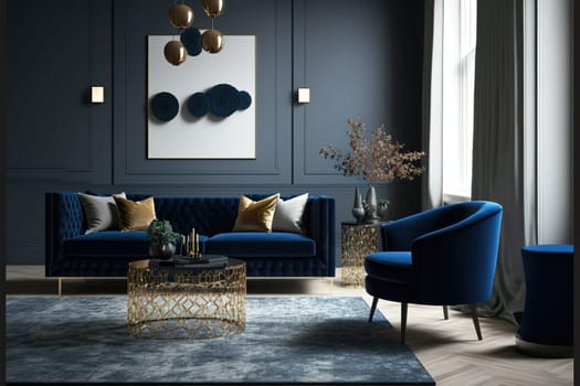 modern living room mock up with dark blue sofa, armchairs near coffee table, modern rug, floor lamp and empty gray wall, luxury living room interior background, 3d rendering.