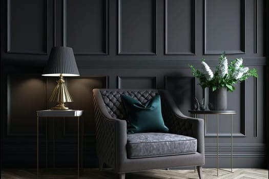 Modern interior design for home, office, interior details, upholstered furniture against the background of a dark classic wall.