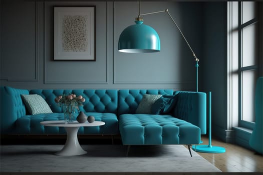 Modern interior of living room with blue corner sofa, coffee tables, floor lamp. Home design. 3d animation rendering.
