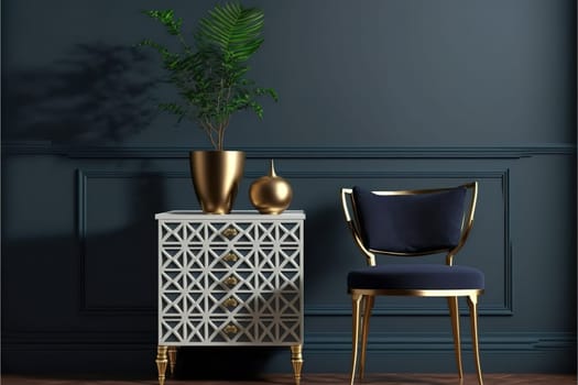 Commode with chair and decor in living room interior, dark blue wall mock up background, 3D render.