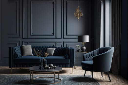 modern living room mock up with dark blue sofa, armchairs near coffee table, modern rug, floor lamp and empty gray wall, luxury living room interior background, 3d rendering.