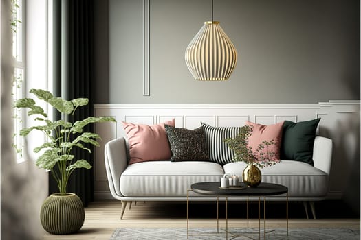 modern living room with sofa and lamp. scandinavian interior design furniture. 3d render illustration.