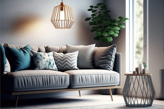 modern living room with sofa and lamp. scandinavian interior design furniture. 3d render illustration.