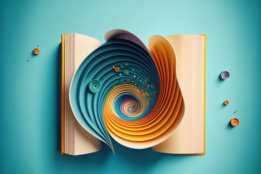 books in colored covers swirl on a blue background, copy space.