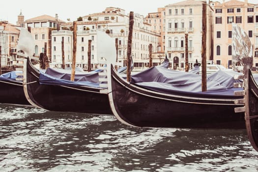 Venice, Italy, November 2014: Gondola lined up at Canal Grande in Venice