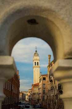 Venice, Italy, November 2014: Leaning tower of Campanile di San Giorgio dei Greci in Venice