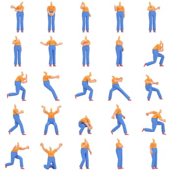 character woman orange shirt blue pants doing activities, 3d rendering