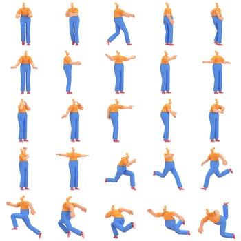 character woman orange shirt blue pants doing activities, 3d rendering
