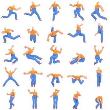 character woman orange shirt blue pants doing activities, 3d rendering