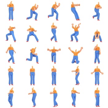 character woman orange shirt blue pants doing activities, 3d rendering