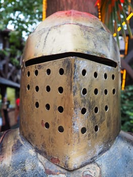 Ancient metal armor, iron detail. Armor, Safety weapon - in antiquity and the Middle Ages, a warriors safety weapon to protect different parts of the body, a piece of forged metal or a kit. Imitation