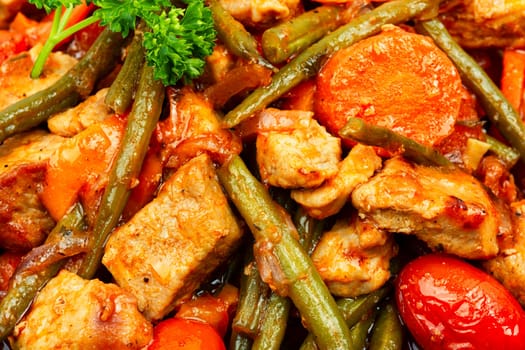 Stewed meat with carrots and french bean.Meat sauce with green beans.