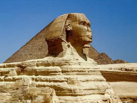 Sculpture of the Great Sphinx against the blue sky. Profile view. The head, part of the body and the top of the ancient pyramid above the back are visible. Egypt. Giza