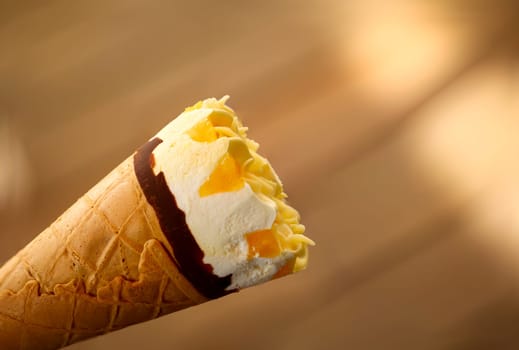 Close up of an ice cream cone, a waffle ice cream cone.