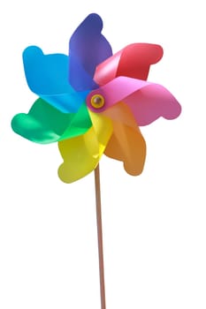 A plastic windmill with a wooden handle. Not a toy for children.