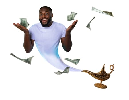 Genie exits from the aladdin lamp with flying money