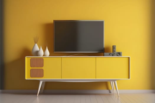 TV cabinet in modern living room with blank yellow wall background.