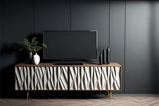 Tv cabinet in modern empty room,Dark wall.
