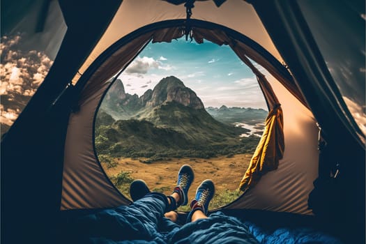 view from inside tent with sleeping bags on mountain hill.