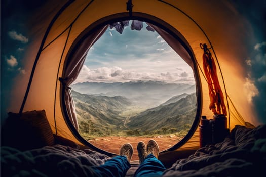 view from inside tent with sleeping bags on mountain hill.