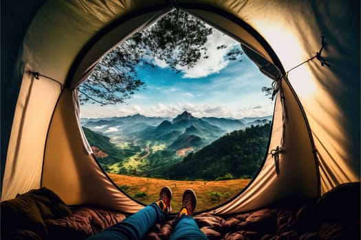 view from inside tent with sleeping bags on mountain hill.
