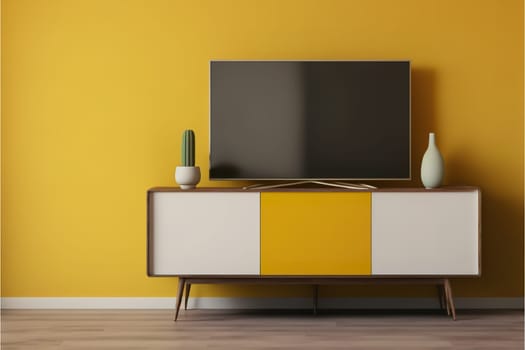 TV cabinet in modern living room with blank yellow wall background.